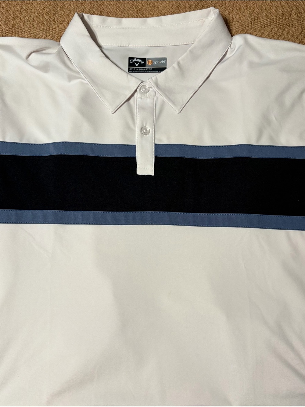 Callaway White Polo with Navy and Light Blue Stripes
